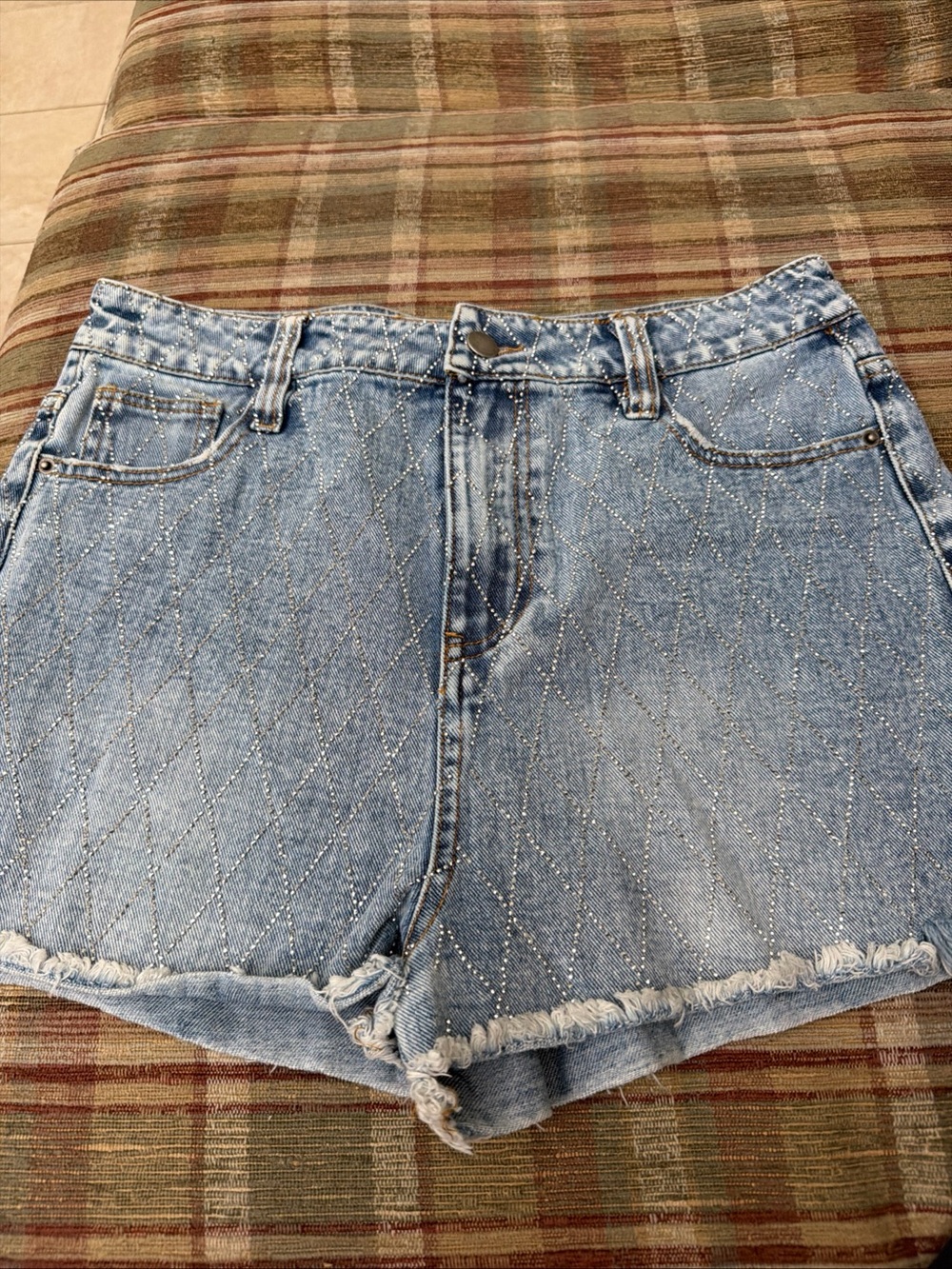 Aqua Light Blue Denim Shorts with Rhinestone Diamond Quilting
